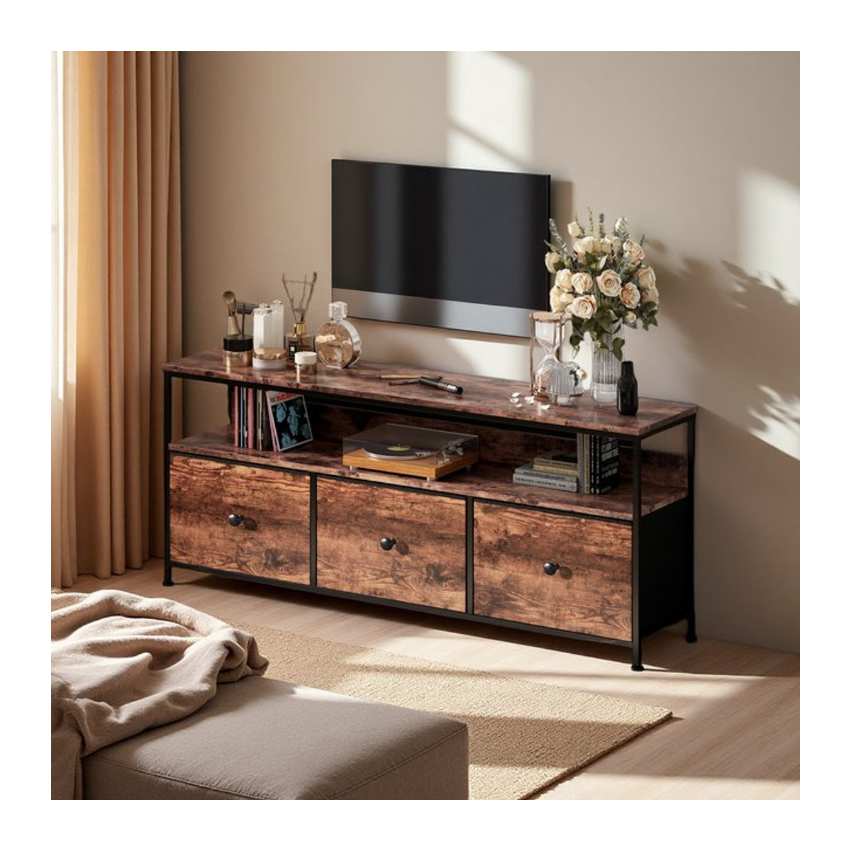 TV-Lowboard im Landhaus- und Industrial-Stil mit LED-Beleuchtung, 3 Schubladen und offenen Regalen, Braun, Breite: 108 cm, Höhe: 57 cm, Tiefe: 29,8 cm - Bild 1