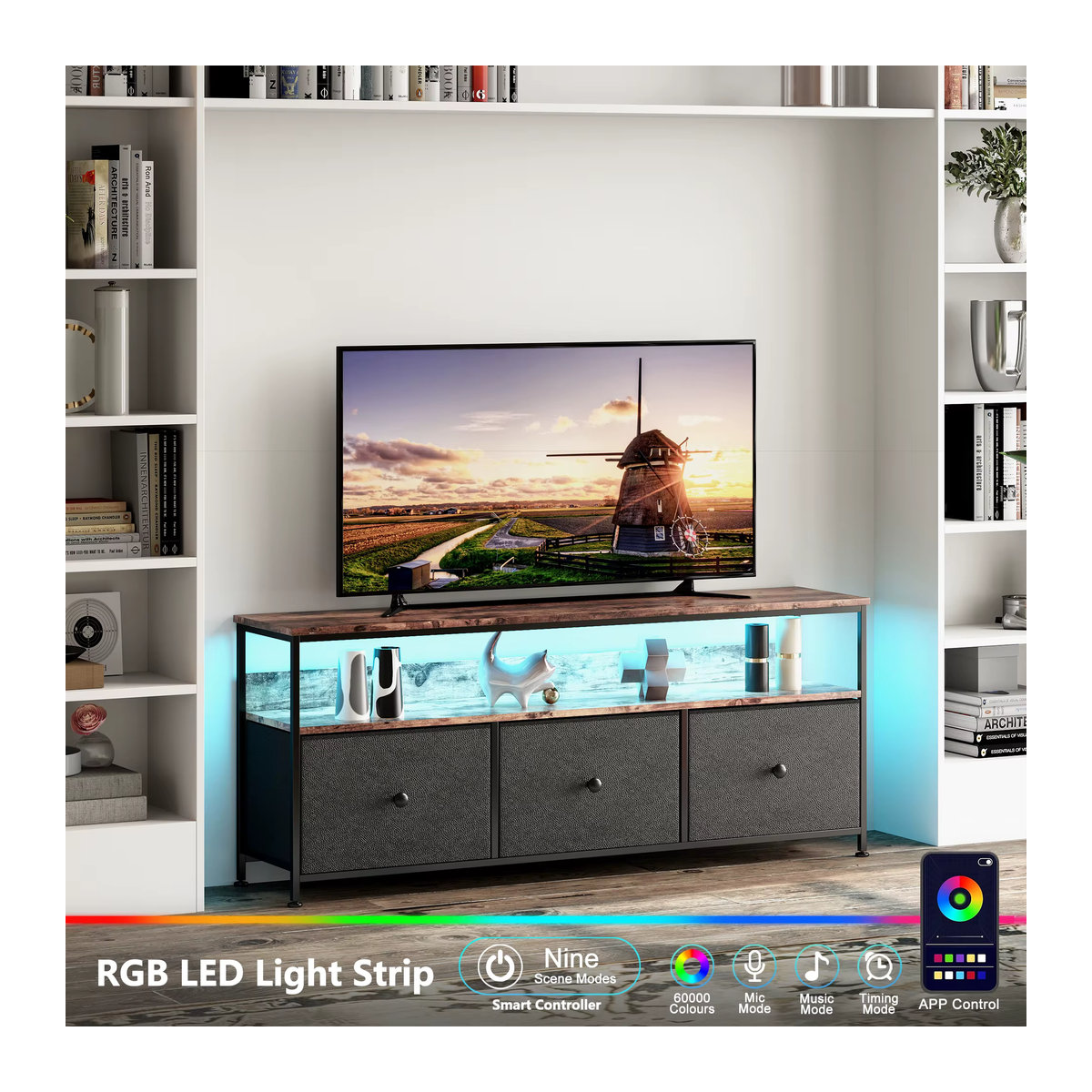 TV-Ständer mit LED-Beleuchtung in Schwarz mit drei Schubladen und offenem Stauraum, B/T/H: 108 x 29,8 x 57 cm - Bild 4
