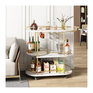 TWISTER.CK Barwagen Gold 3-stufig aus Metall mit Weinregal und Glashalter sowie Rollen im modernen Design