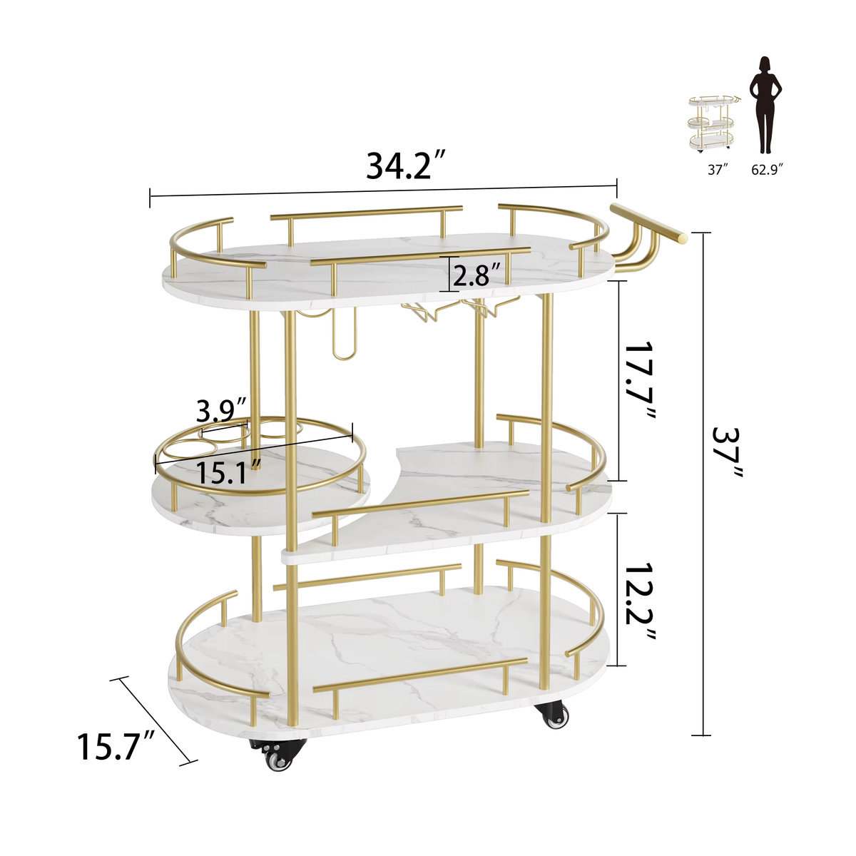 TWISTER.CK Barwagen Gold 3-stufig aus Metall mit Weinregal und Glashalter sowie Rollen im modernen Design - Bild 2