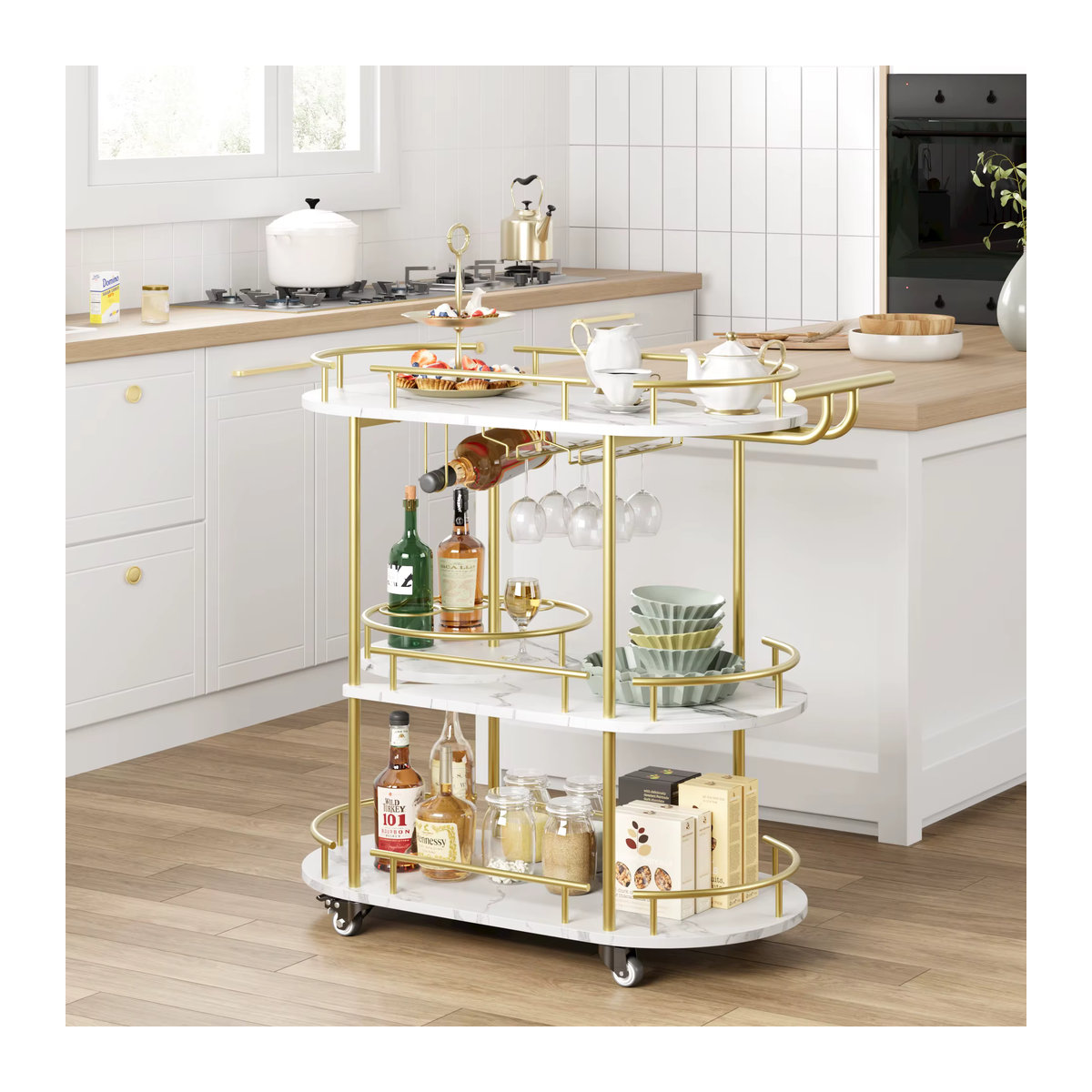 TWISTER.CK Barwagen Gold 3-stufig aus Metall mit Weinregal und Glashalter sowie Rollen im modernen Design - Bild 3