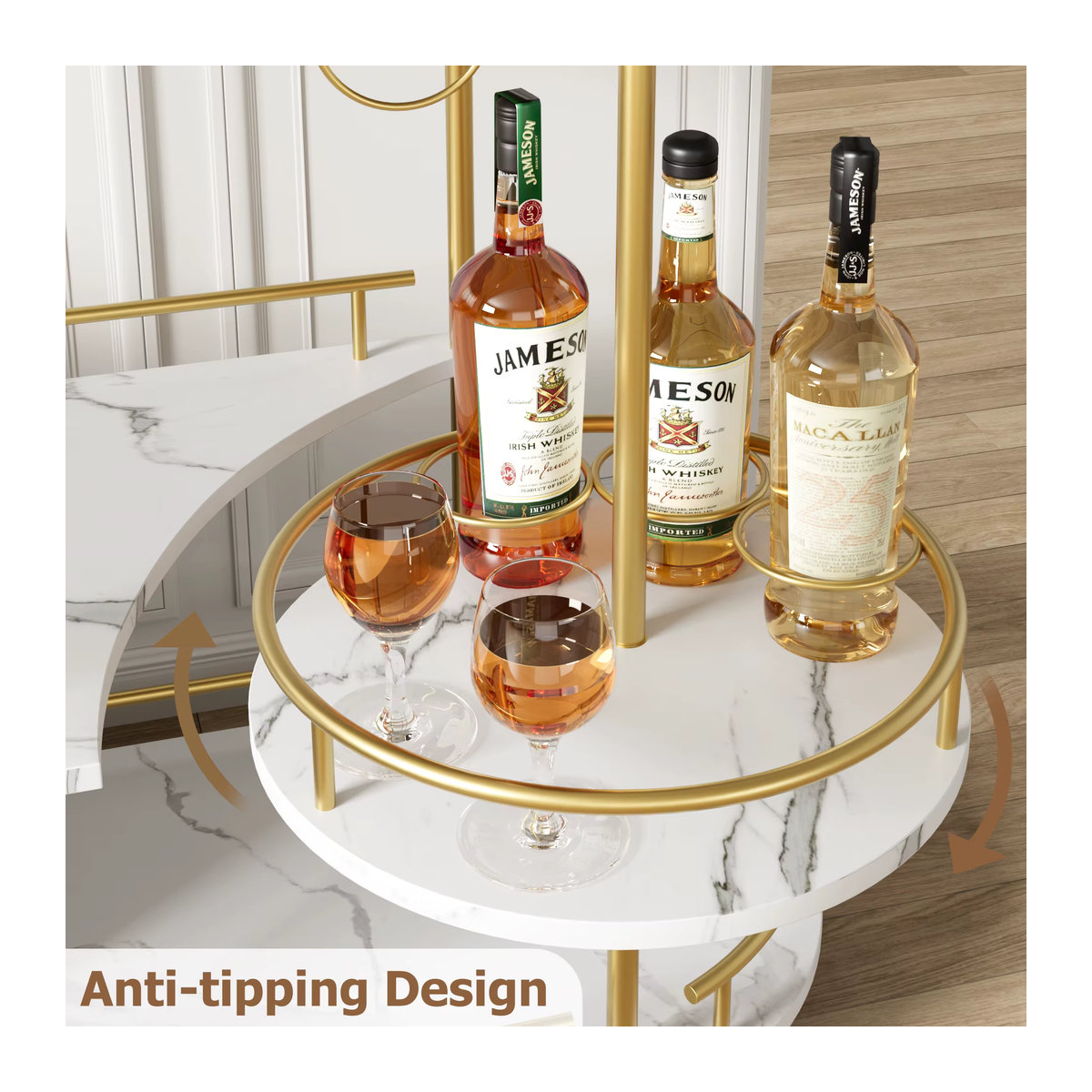 TWISTER.CK Barwagen Gold 3-stufig aus Metall mit Weinregal und Glashalter sowie Rollen im modernen Design - Bild 4