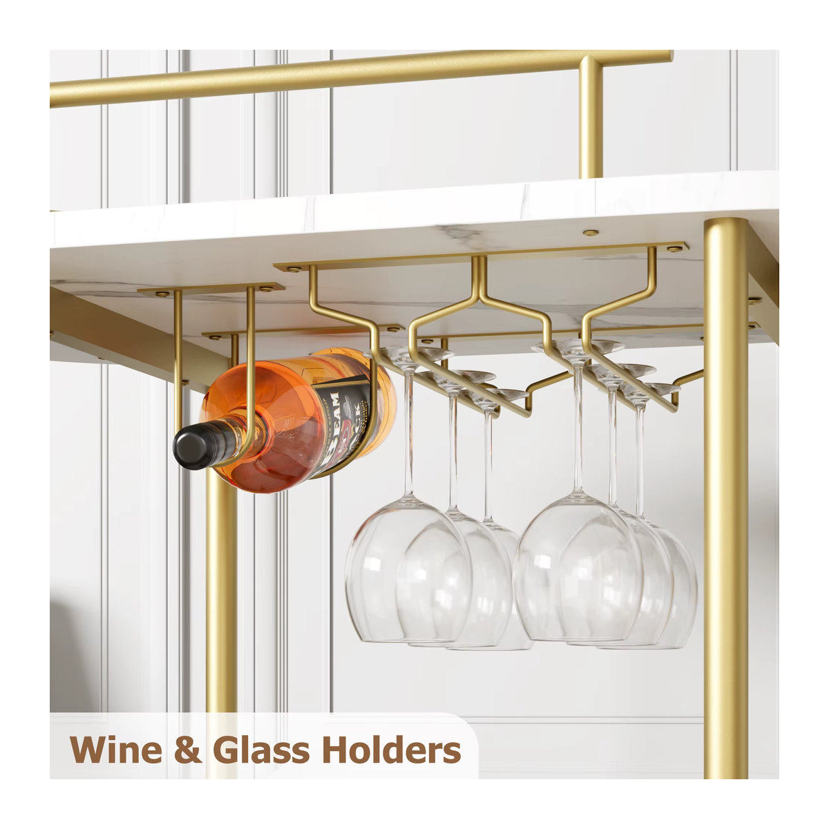 TWISTER.CK Barwagen Gold 3-stufig aus Metall mit Weinregal und Glashalter sowie Rollen im modernen Design - Bild 5