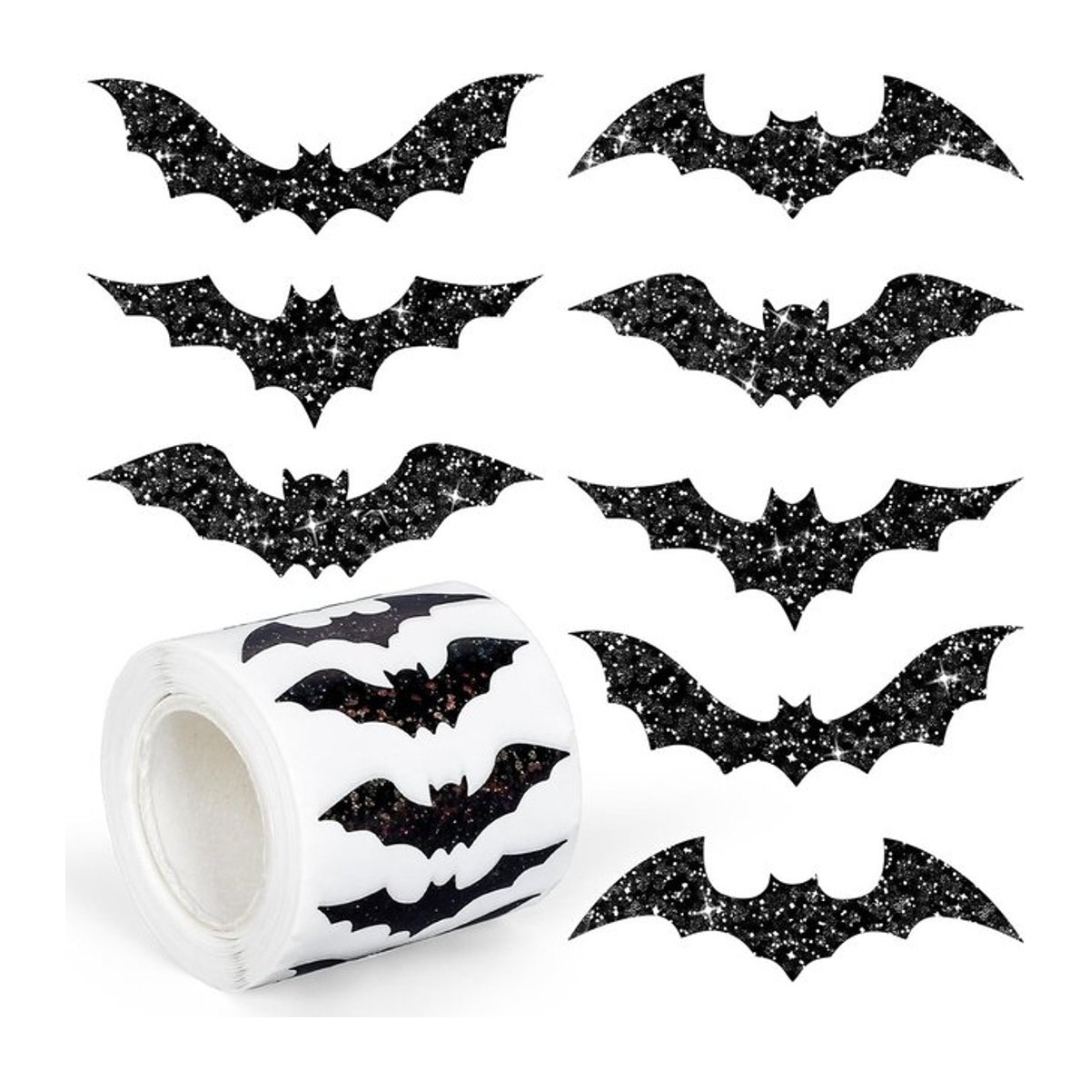 TYFYO Halloween Fledermaus Aufkleber in Schwarz, 500 Stück glitzernde Laser-Aufkleber, wasserdicht und selbstklebend für deine Party-Dekoration - Bild 1