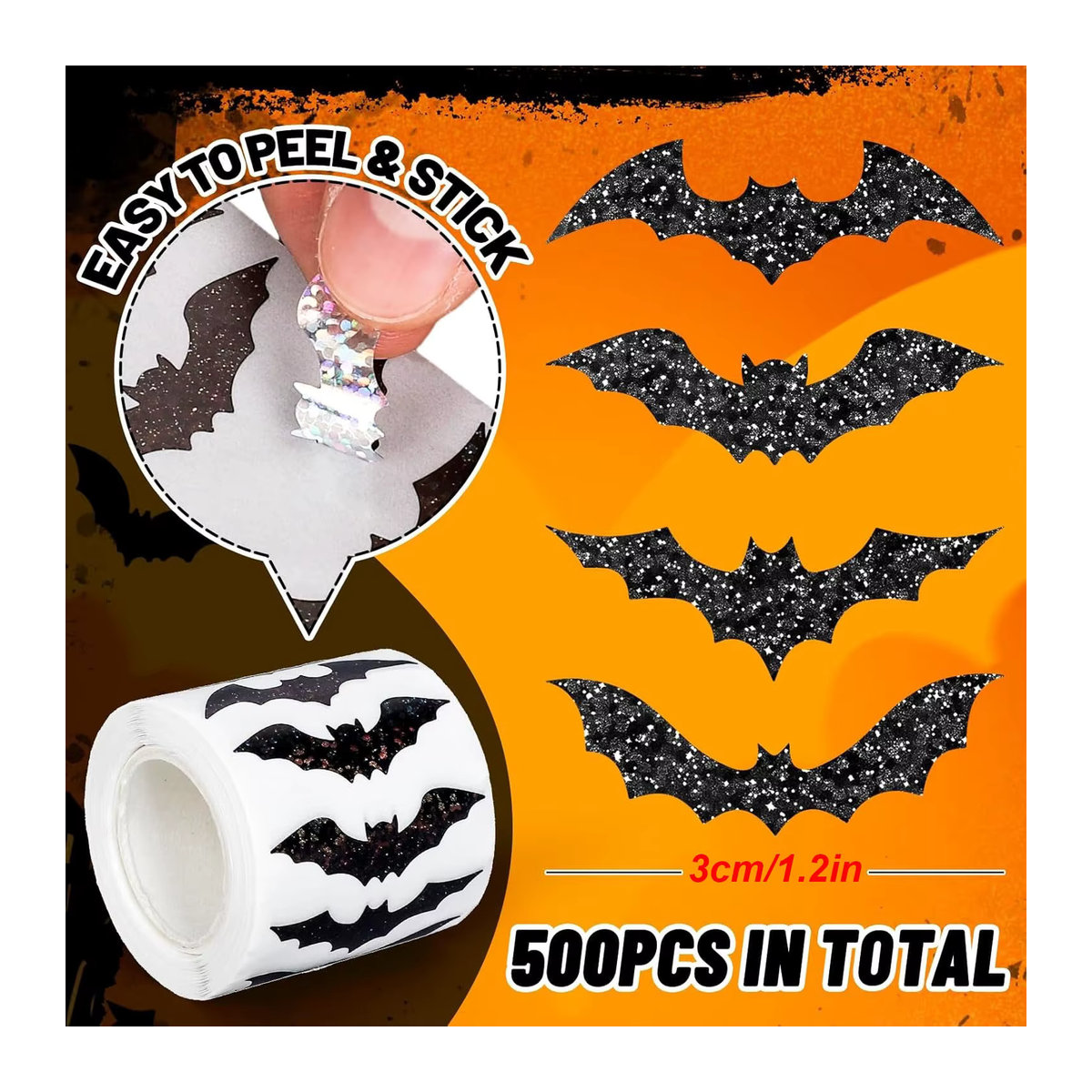 TYFYO Halloween Fledermaus Aufkleber in Schwarz, 500 Stück glitzernde Laser-Aufkleber, wasserdicht und selbstklebend für deine Party-Dekoration - Bild 2