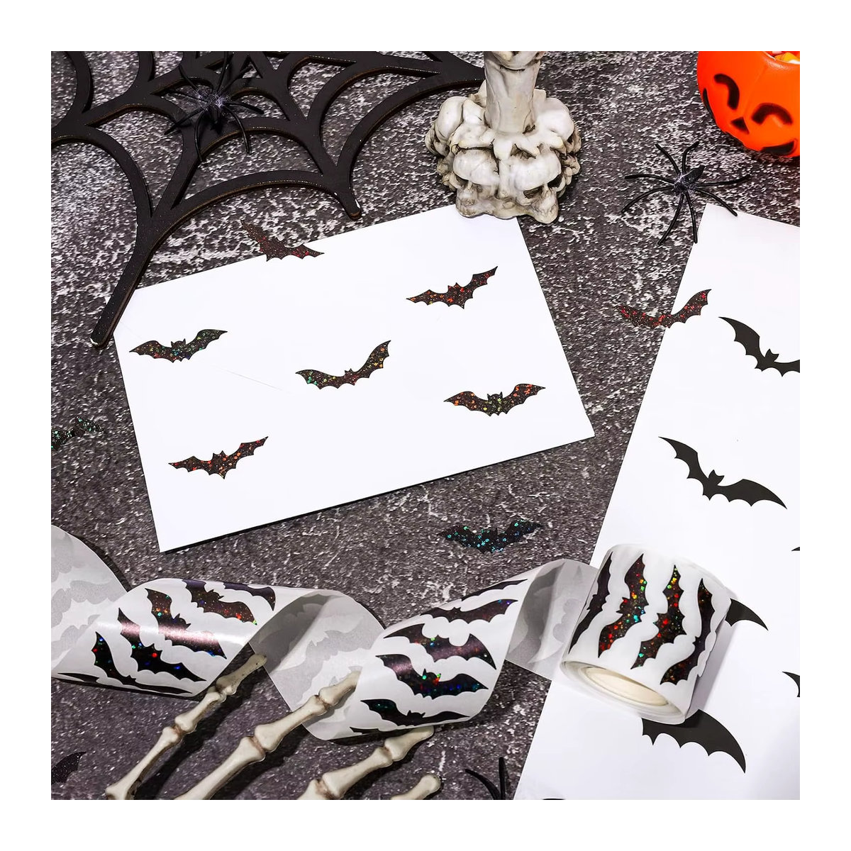 TYFYO Halloween Fledermaus Aufkleber in Schwarz, 500 Stück glitzernde Laser-Aufkleber, wasserdicht und selbstklebend für deine Party-Dekoration - Bild 3