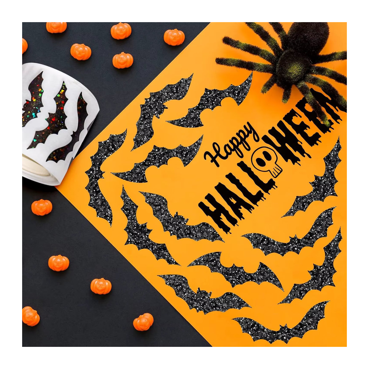 TYFYO Halloween Fledermaus Aufkleber in Schwarz, 500 Stück glitzernde Laser-Aufkleber, wasserdicht und selbstklebend für deine Party-Dekoration - Bild 5