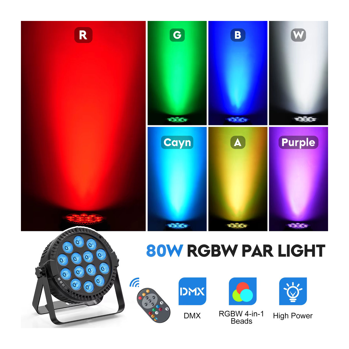 U'King 4er Set 80W LED Par Licht 4in1 RGBW mit 14 LEDs, DMX512 und Fernbedienung, Flache Bühnenstrahler in Schwarz - Bild 2
