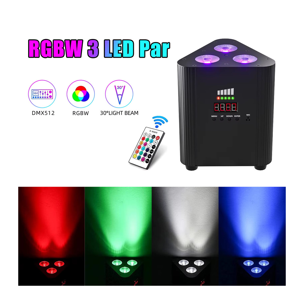 U'King 4er Set RGBW LED Batterie Par Licht mit 3x4W Dreieck Wandstrahler DMX512 für Konzert, Disco und Party in Schwarz - Bild 2