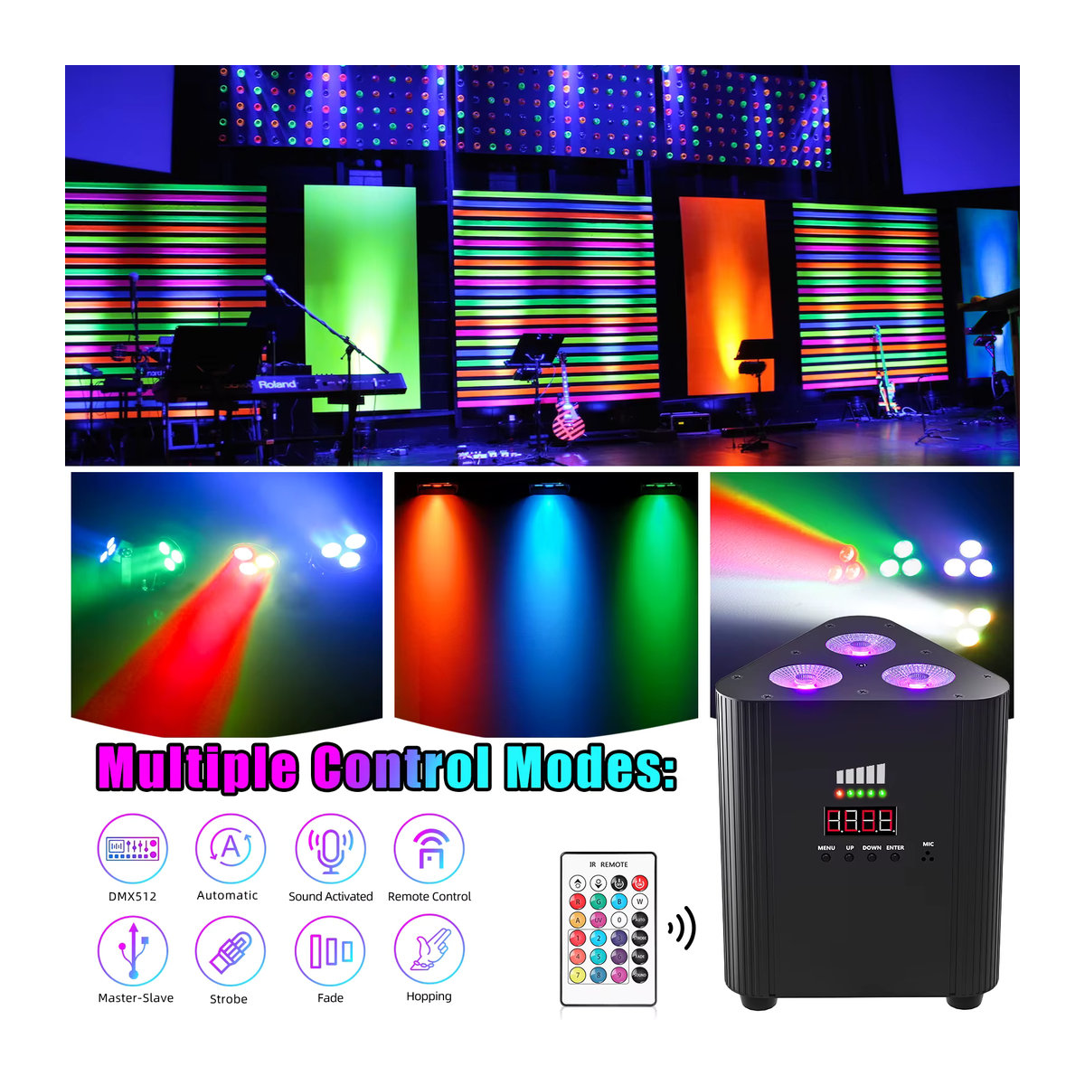 U'King 4er Set RGBW LED Batterie Par Licht mit 3x4W Dreieck Wandstrahler DMX512 für Konzert, Disco und Party in Schwarz - Bild 4