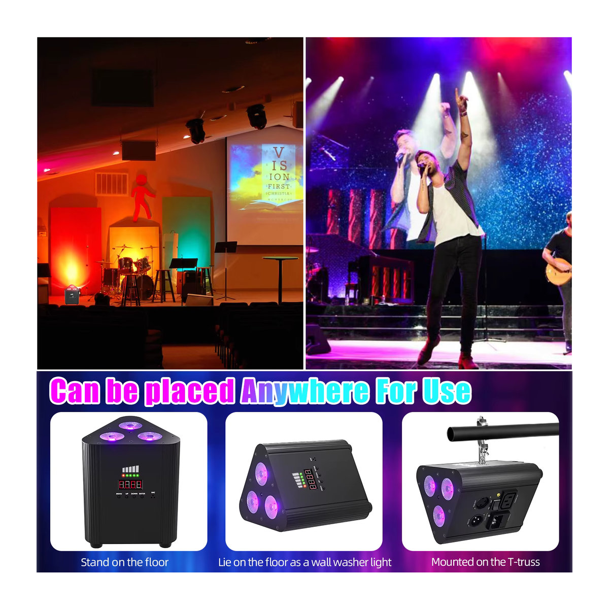 U'King 4er Set RGBW LED Batterie Par Licht mit 3x4W Dreieck Wandstrahler DMX512 für Konzert, Disco und Party in Schwarz - Bild 5