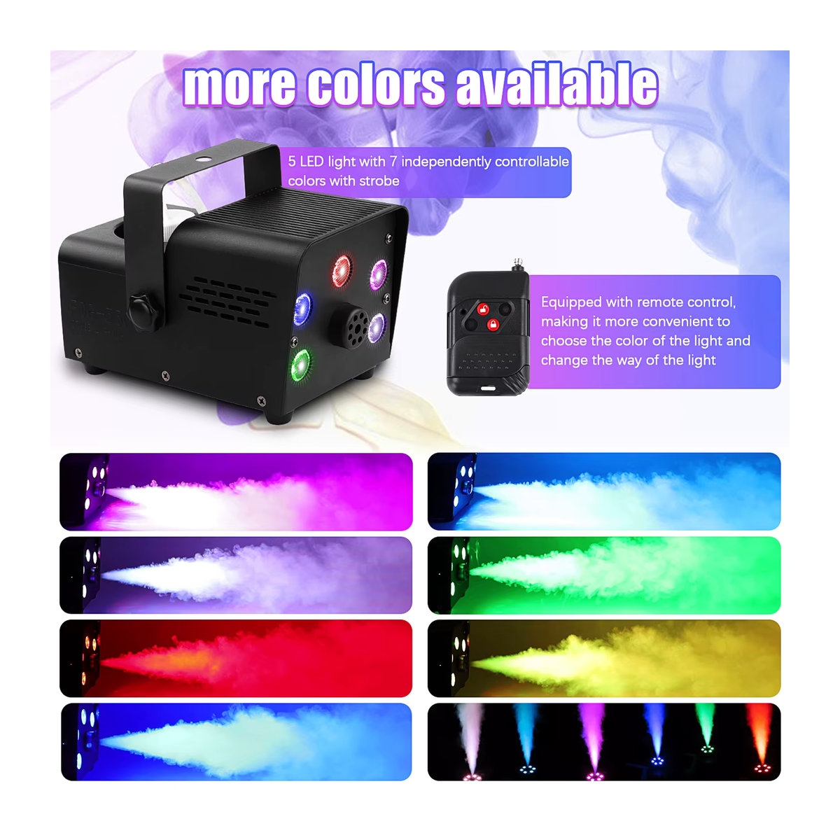 U'King Nebelmaschine 500W mit 5 RGB LED Perlen und drahtloser Fernbedienung in Schwarz - Bild 2