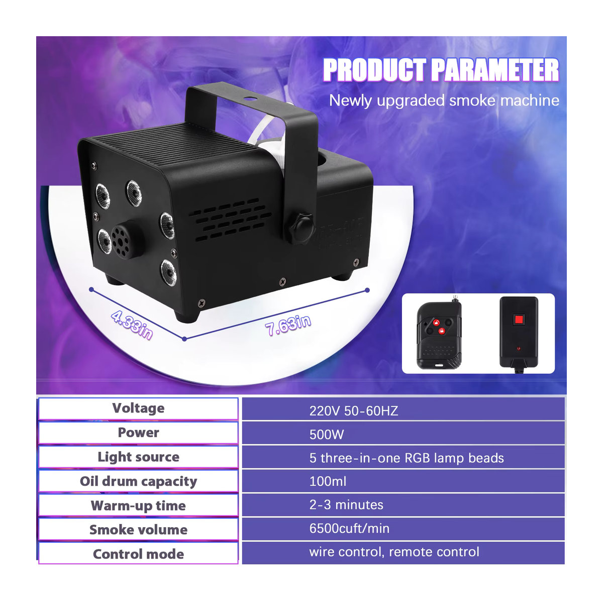 U'King Nebelmaschine 500W mit 5 RGB LED Perlen und drahtloser Fernbedienung in Schwarz - Bild 6