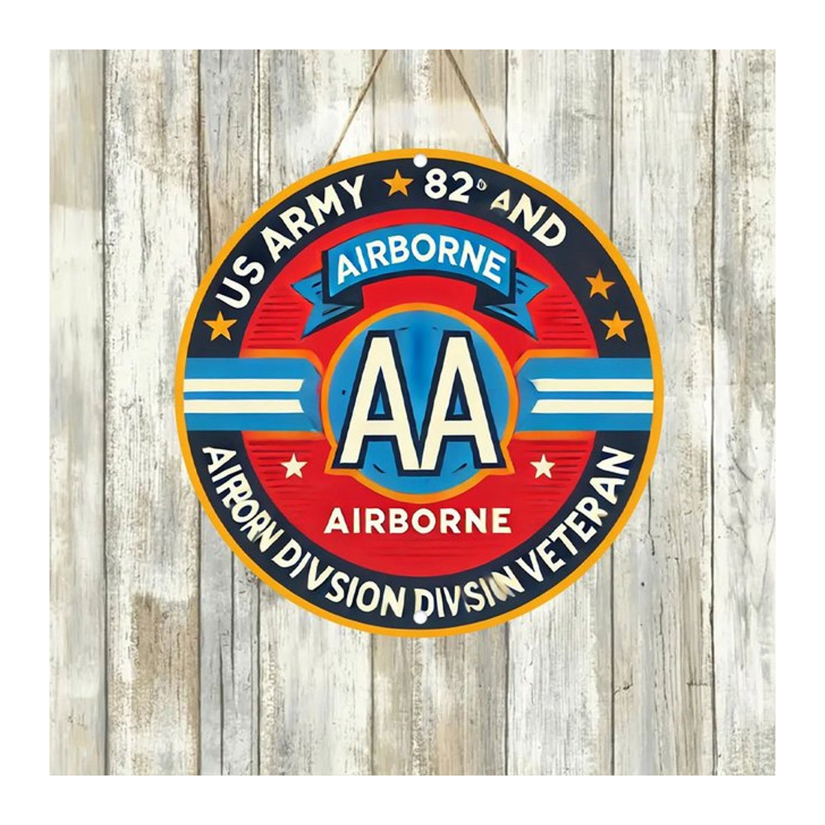 U.S. Army 82nd Airborne Division Veteran Badge Retro Aluminium Wandschild, B/B: 20,32 x 20,32 cm, Rot und Blau mit Sternen - Bild 1