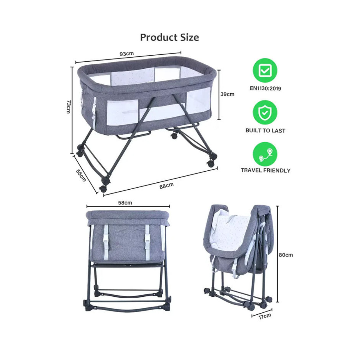 UBRAVOO Grab-and-go Reisebett mit Matratze und Schaukelfunktion, umwandelbares Babybett aus Stoff und Metall mit leisen Rollen, Beige/Grau - Bild 2