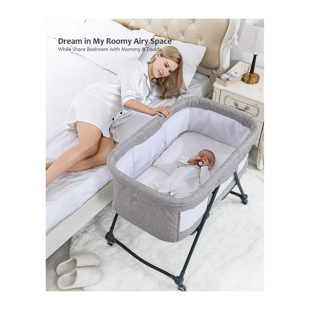 UBRAVOO Grab-and-go Reisebett mit Matratze und Schaukelfunktion, umwandelbares Babybett aus Stoff und Metall mit leisen Rollen, Beige/Grau - Bild 3