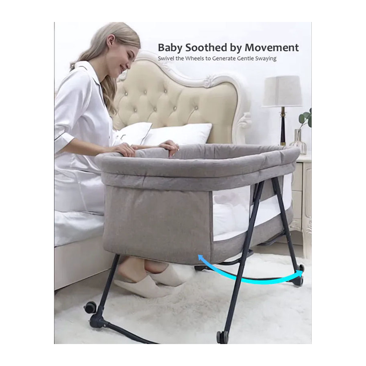 UBRAVOO Grab-and-go Reisebett mit Matratze und Schaukelfunktion, umwandelbares Babybett aus Stoff und Metall mit leisen Rollen, Beige/Grau - Bild 4