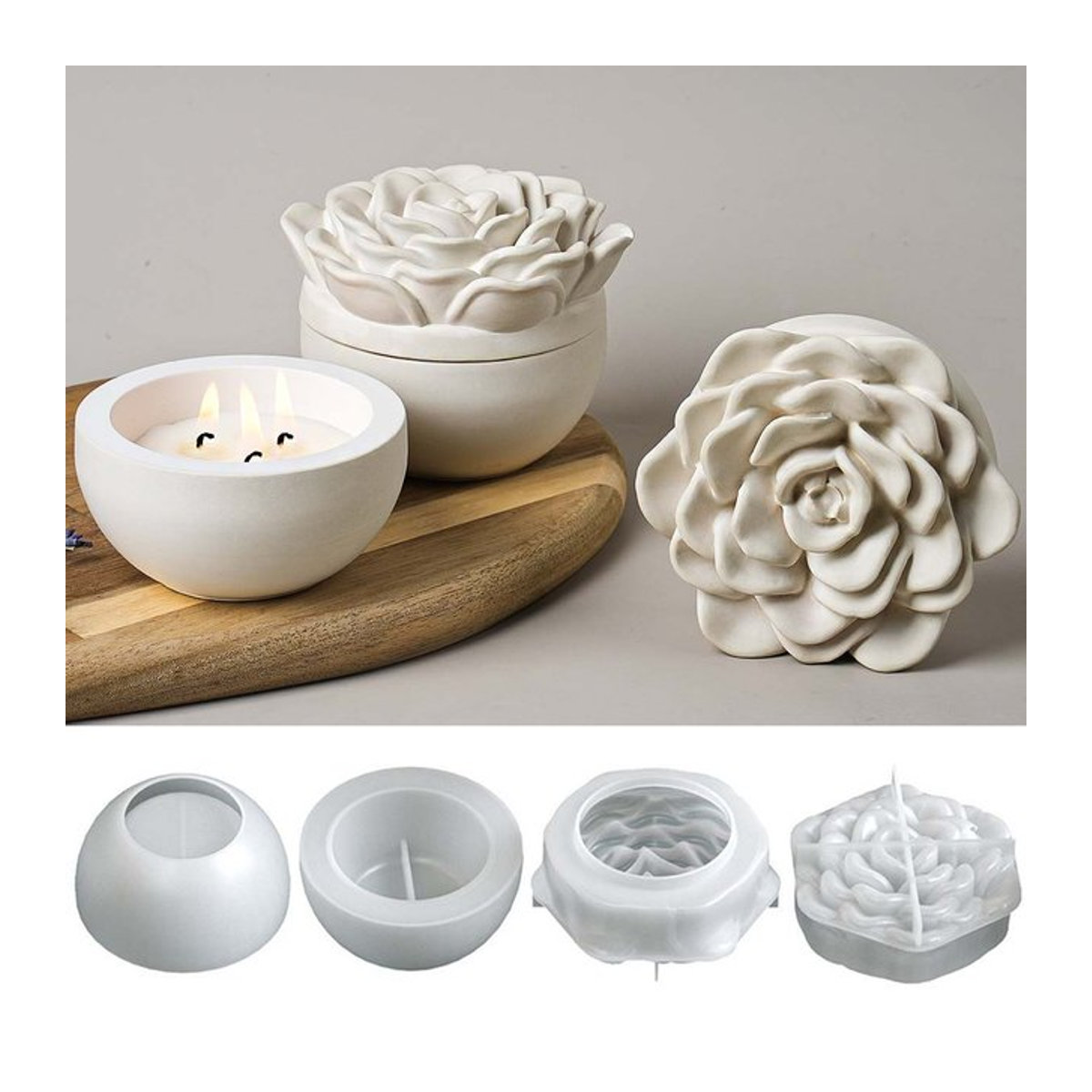 UDOCOOL Relief Kamelie Kerze mit Deckel aus Silikon und Glas in Rosa und Weiß für DIY Skulpturen und Beton-Guss - Bild 1