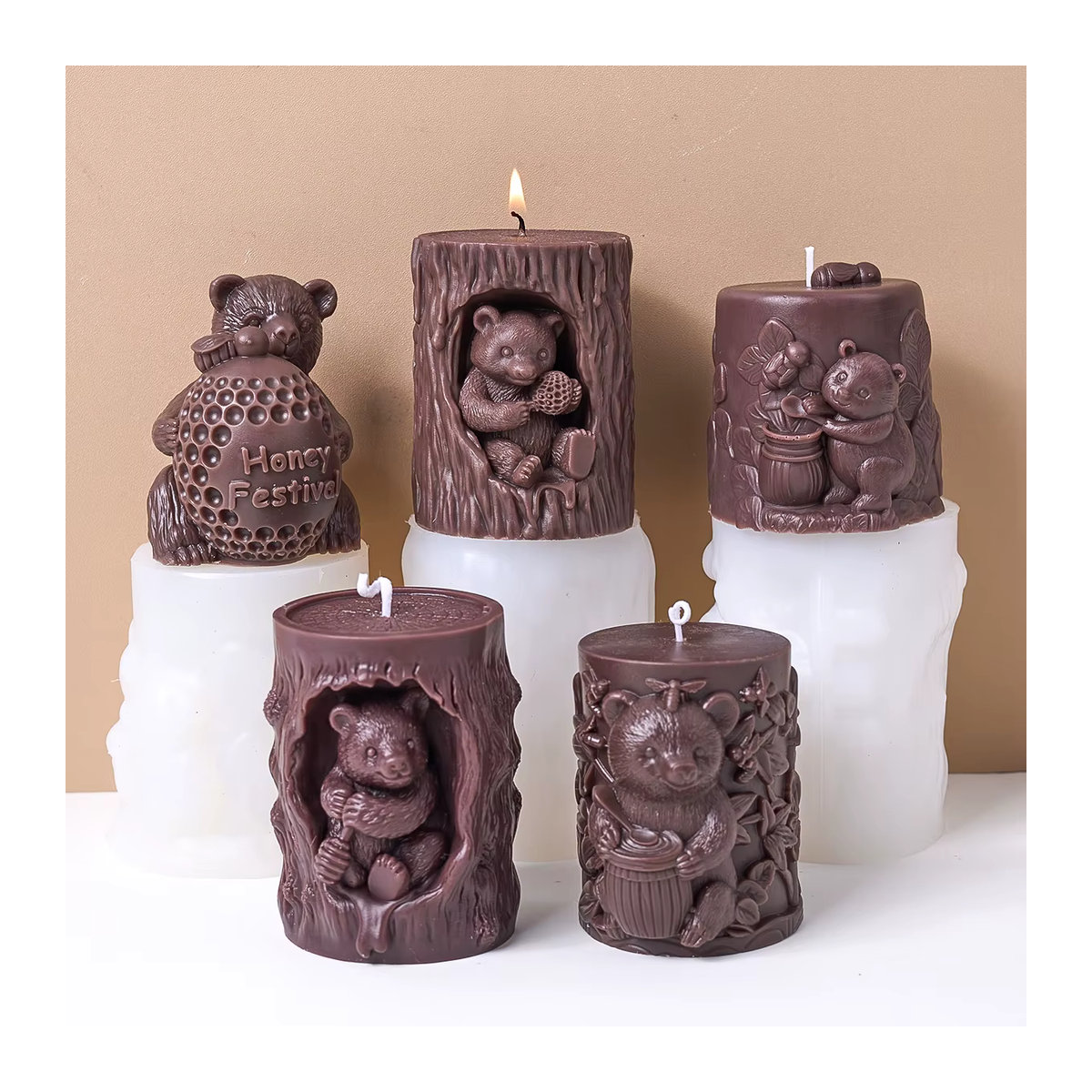 UDOCOOL Silikonform Bär Umarmung für zylindrische Kerzen aus Kunstharz oder Wachs, Farbe Braun, DIY 3D Handwerk Form für Home Decor - Bild 6