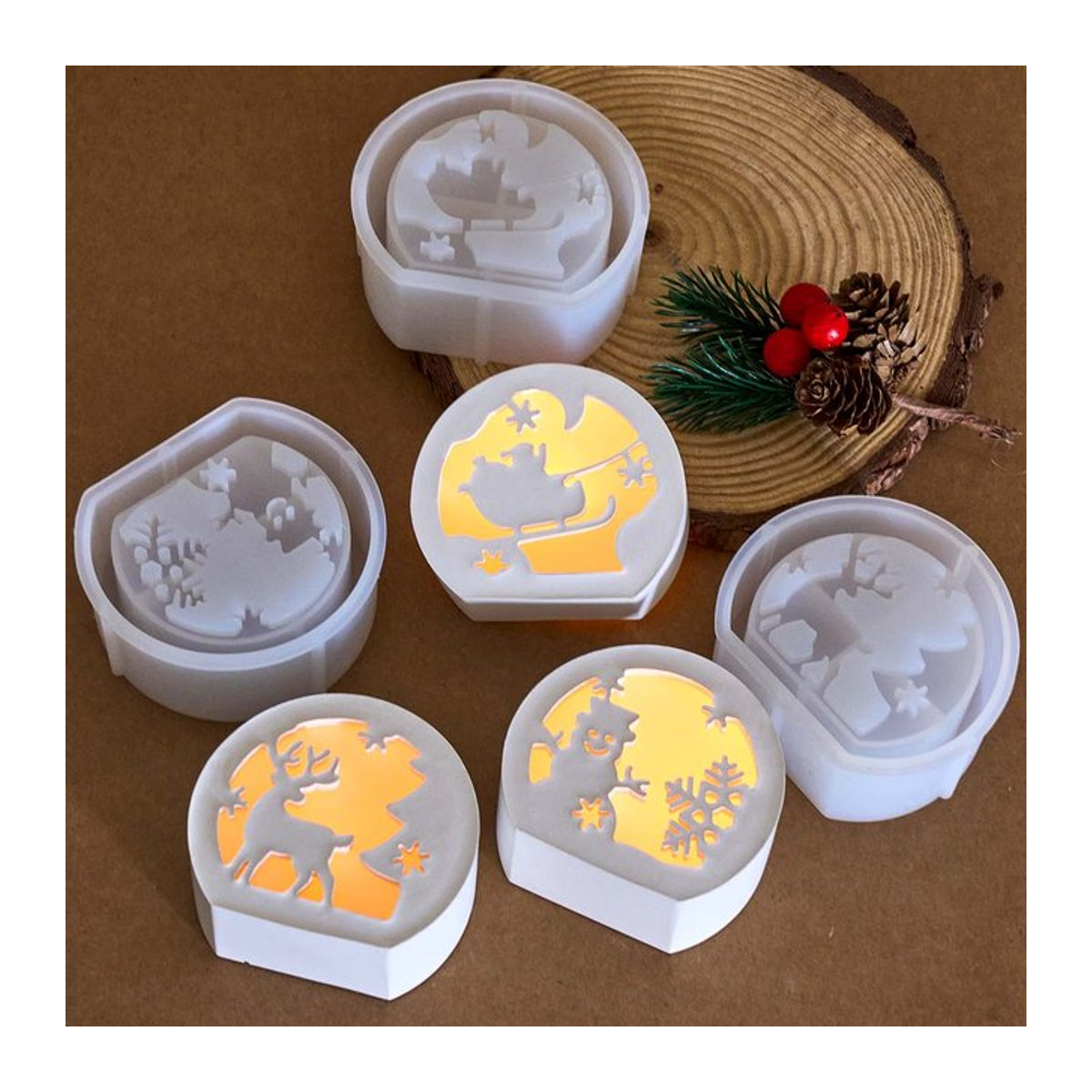 UDOCOOL Silikonform für DIY Weihnachts Kerzenhalter mit Schneemann, Elch und Santa Claus Motiven zur Gestaltung von Gips- und Harz-Dekorationen - Bild 1