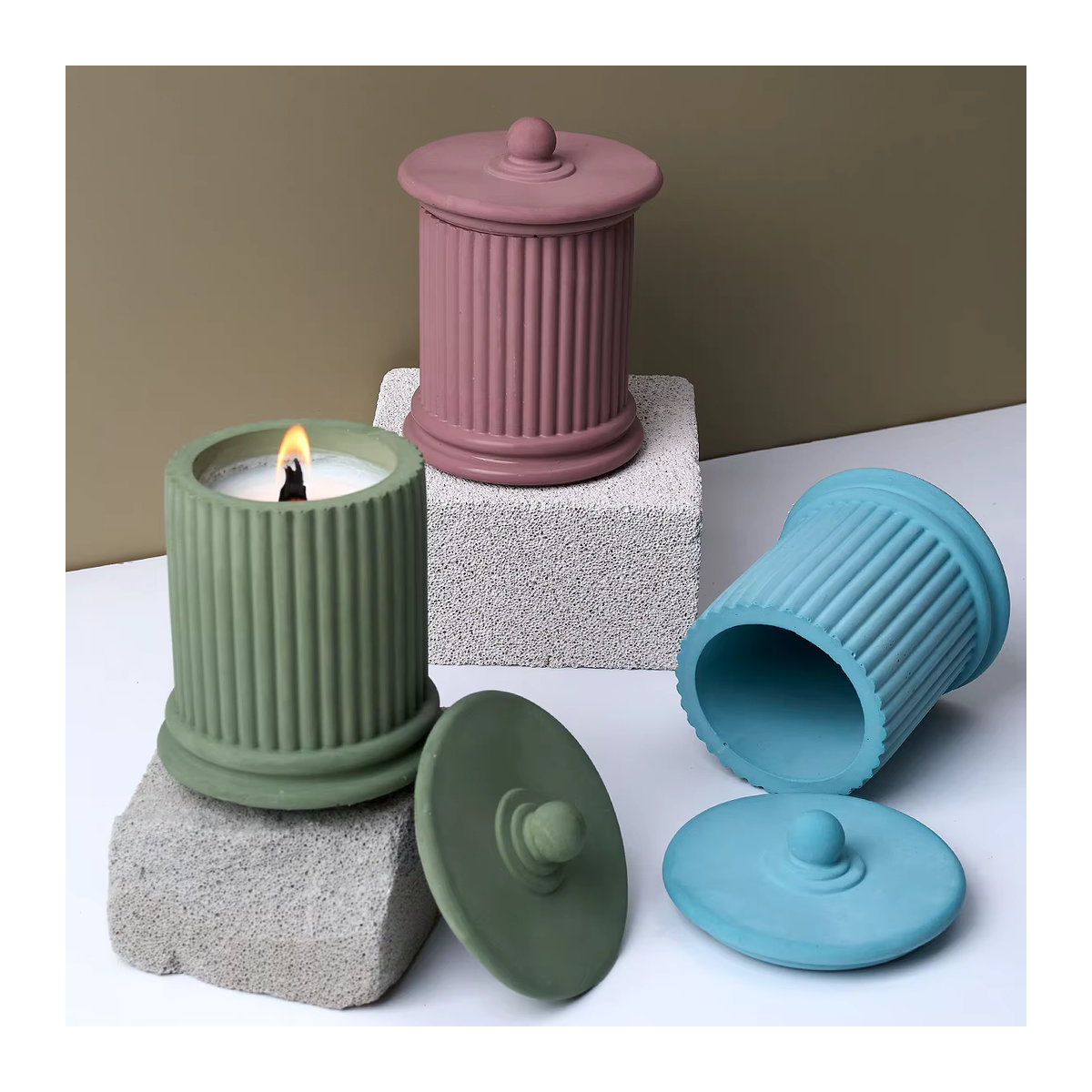 UDOCOOL Silikonform für gestreifte Glas-Duftkerzen im römischen Säulen-Design mit Deckel, Rosa - Bild 3