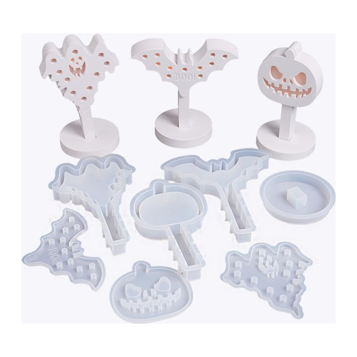 UDOCOOL Silikonform für Halloween-Deko mit Geist, Fledermaus und Kürbis zur Herstellung von Gips, Beton oder Harz-Ornamenten in Weiß - Bild 1