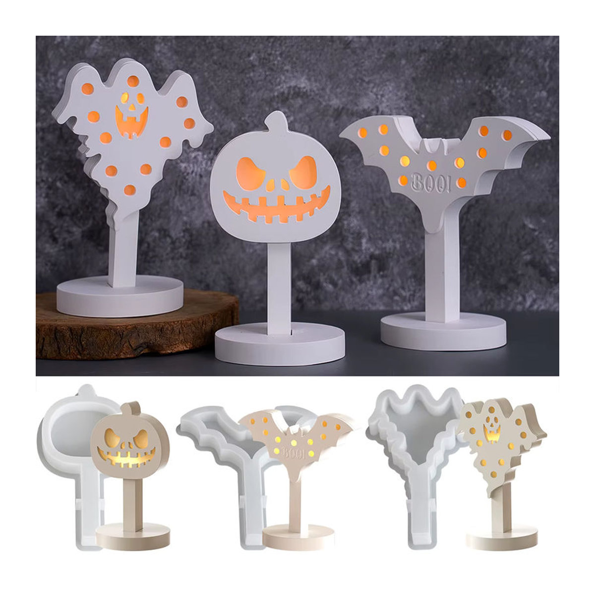 UDOCOOL Silikonform für Halloween-Deko mit Geist, Fledermaus und Kürbis zur Herstellung von Gips, Beton oder Harz-Ornamenten in Weiß - Bild 3