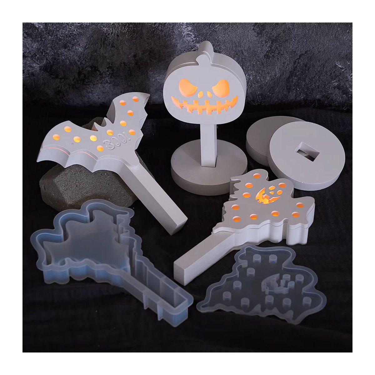 UDOCOOL Silikonform für Halloween-Deko mit Geist, Fledermaus und Kürbis zur Herstellung von Gips, Beton oder Harz-Ornamenten in Weiß - Bild 6