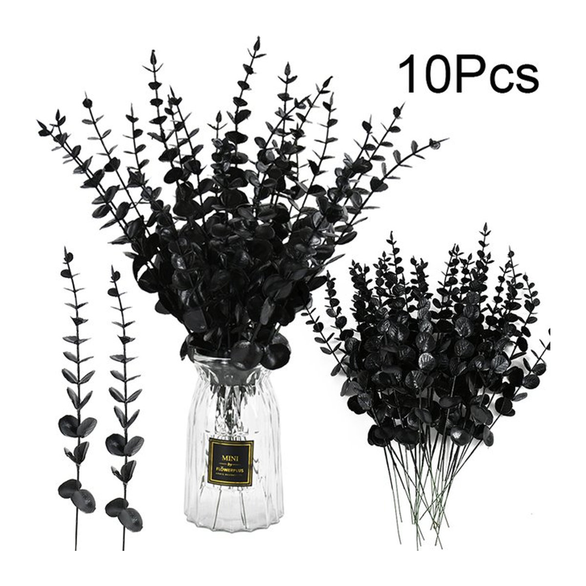 Uflower 10er Set künstliche Eukalyptusblätter aus Textil in Schwarz für Halloween und Gothic-Dekoration - Bild 1