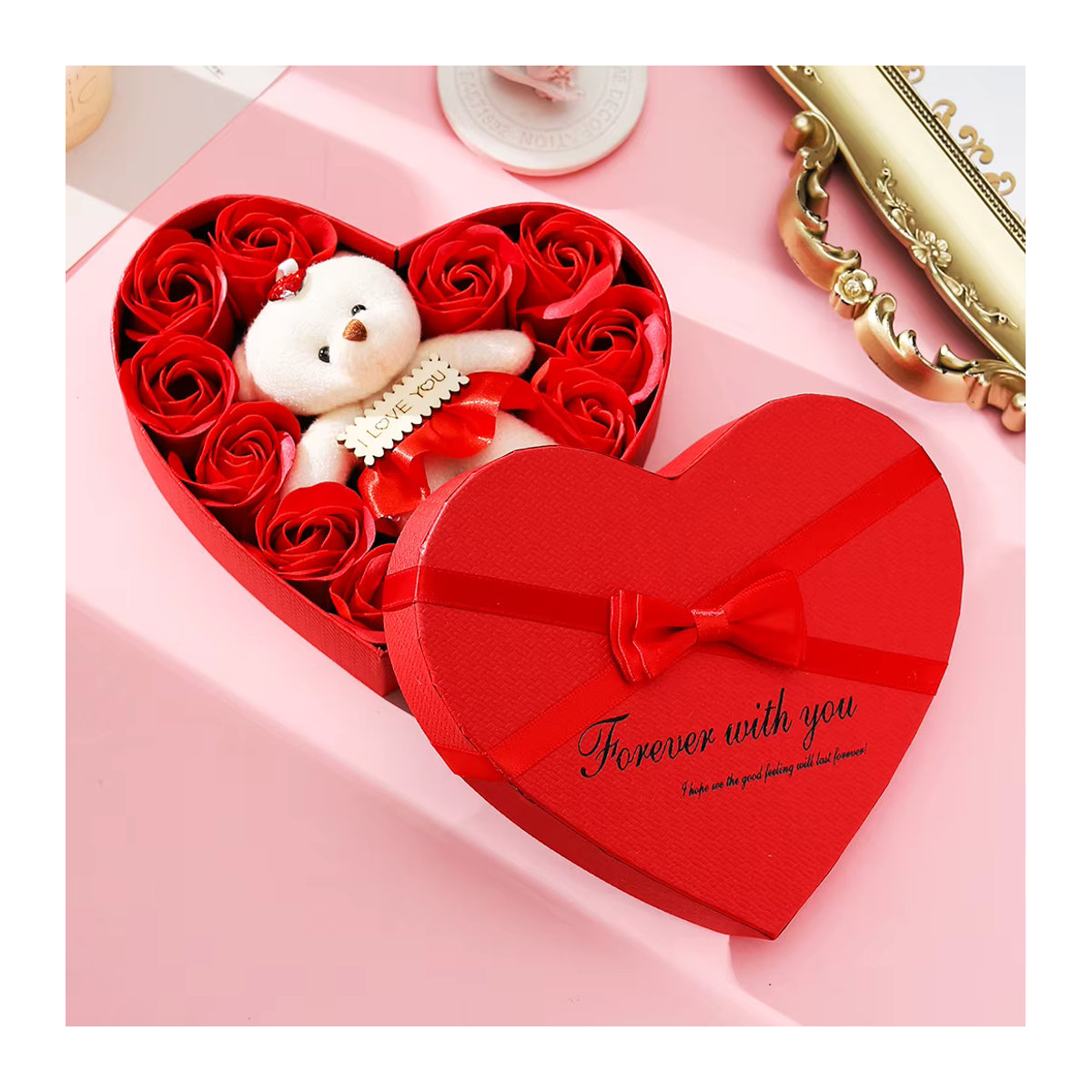 Uflower Geschenkbox mit Rosen und Bär in Rot und Rosa für Valentinstag, Weihnachten oder Hochzeiten - Bild 1