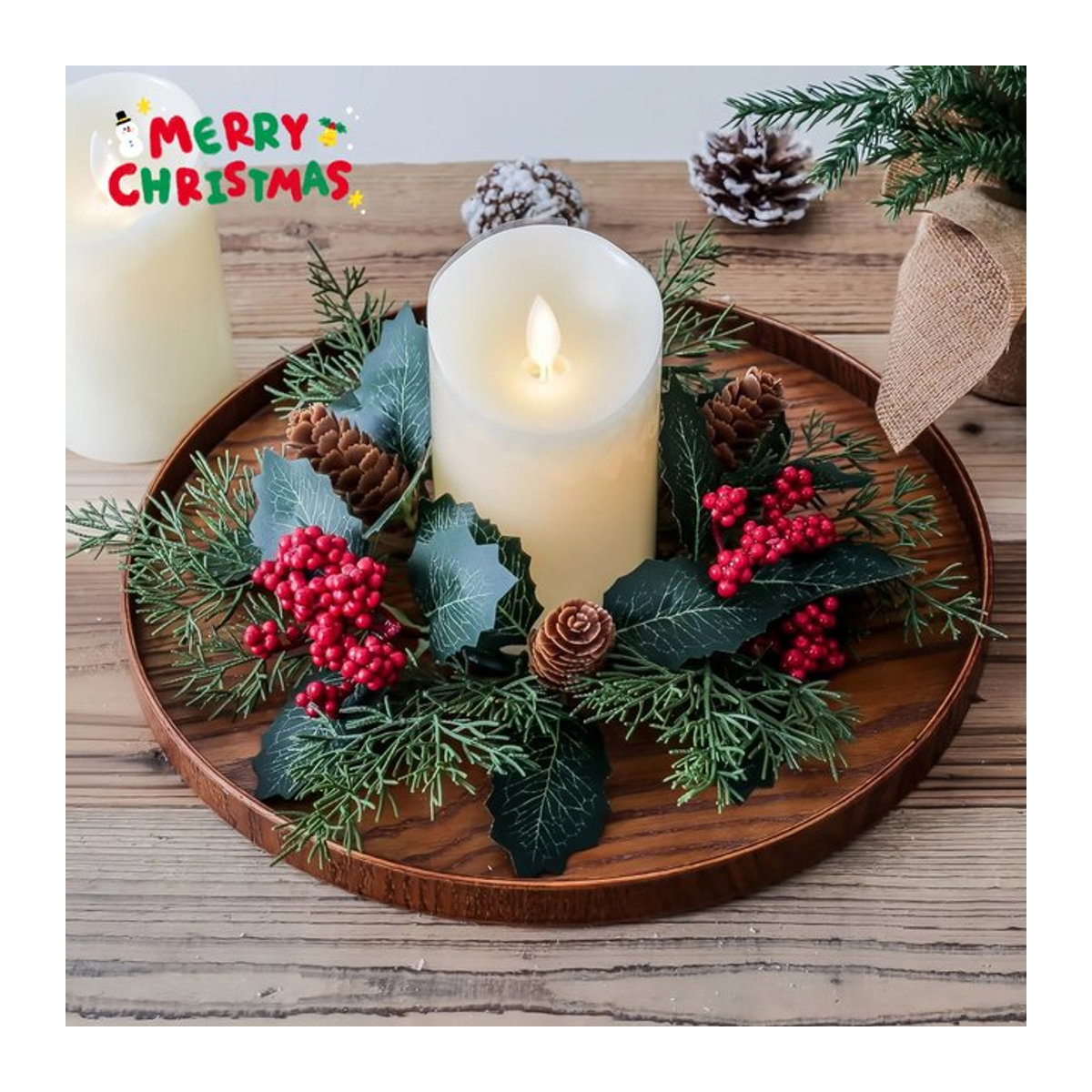Uflower Klassischer Kerzenring in Grün und Rot mit künstlichen Tannenzapfen und Beeren als Weihnachtsdekoration für Tisch und Hochzeit - Bild 1