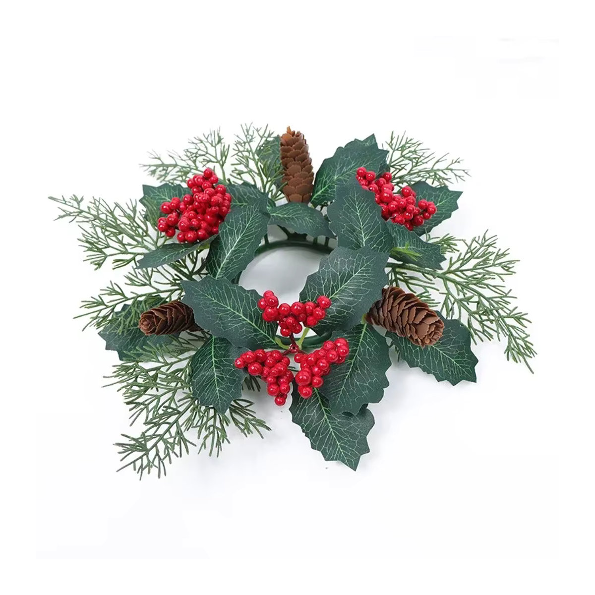 Uflower Klassischer Kerzenring in Grün und Rot mit künstlichen Tannenzapfen und Beeren als Weihnachtsdekoration für Tisch und Hochzeit - Bild 2