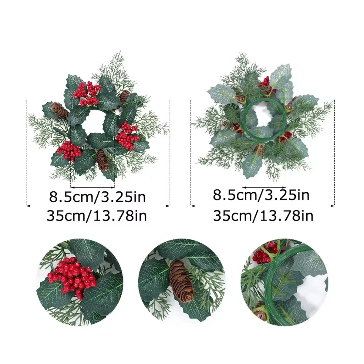 Uflower Klassischer Kerzenring in Grün und Rot mit künstlichen Tannenzapfen und Beeren als Weihnachtsdekoration für Tisch und Hochzeit - Bild 3