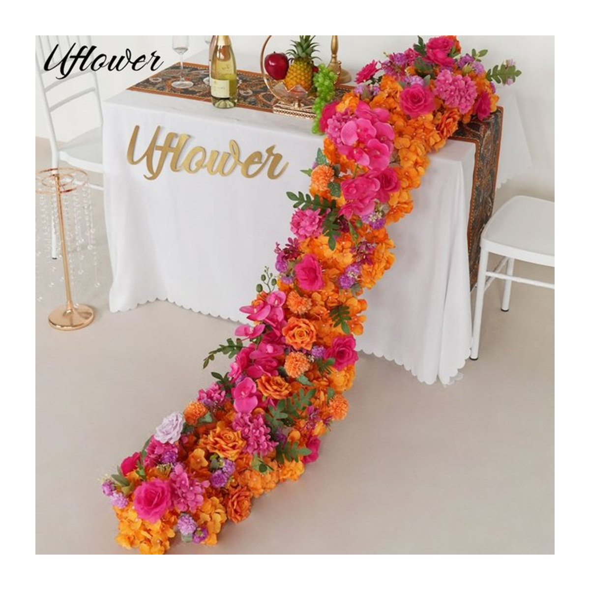 Uflower Künstliche Blumen Girlande aus Rosen und Pfingstrosen in Rot und Orange für Hochzeit und Tischdekoration - Bild 1