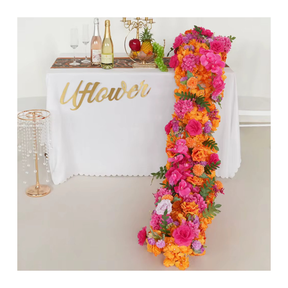 Uflower Künstliche Blumen Girlande aus Rosen und Pfingstrosen in Rot und Orange für Hochzeit und Tischdekoration - Bild 2