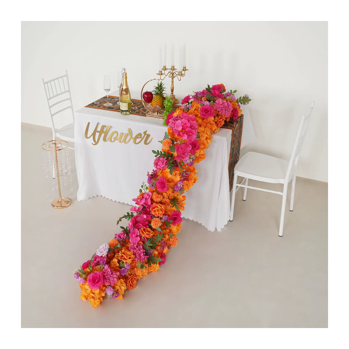 Uflower Künstliche Blumen Girlande aus Rosen und Pfingstrosen in Rot und Orange für Hochzeit und Tischdekoration - Bild 7