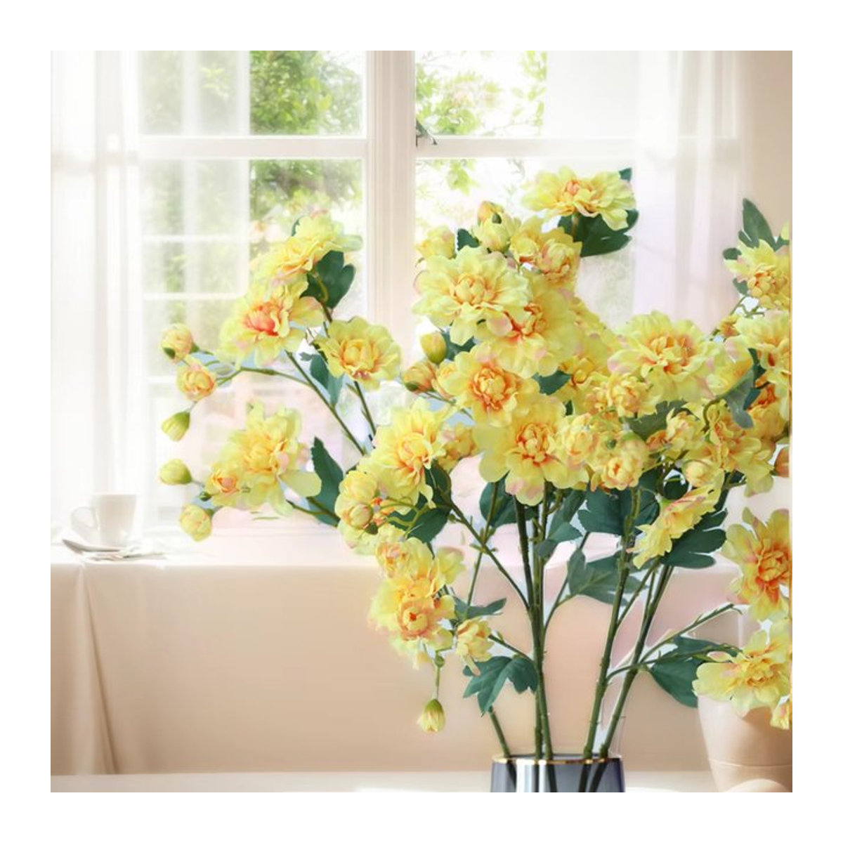 Uflower Künstliche Dahlien-Blumen in Weiß und Gelb, 63 cm Blumenarrangement für Hochzeitsdekoration und Wohnzimmer - Bild 1