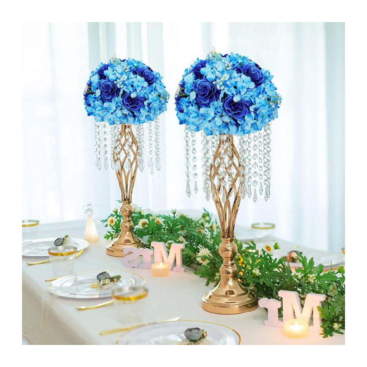 Uflower Künstliche Rose Blau, Runde Tischdekoration für Hochzeit und Party, 30 cm - Bild 1