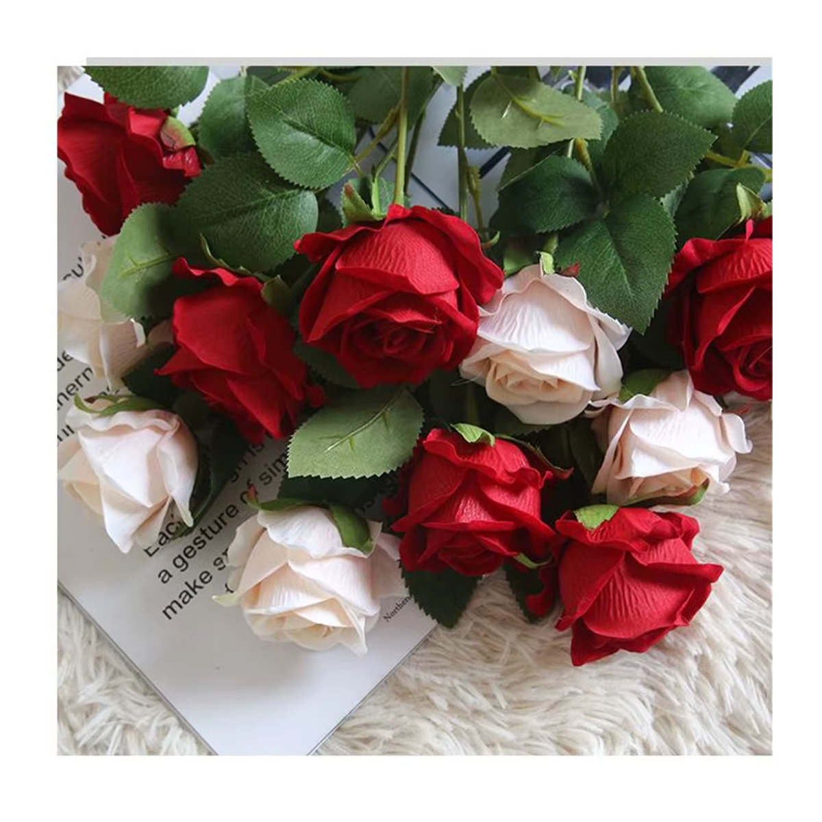 Uflower Künstliche Seidenrosen als langer Zweig für deine Hochzeits- und Heimdekoration in Rot oder Lila - Bild 1