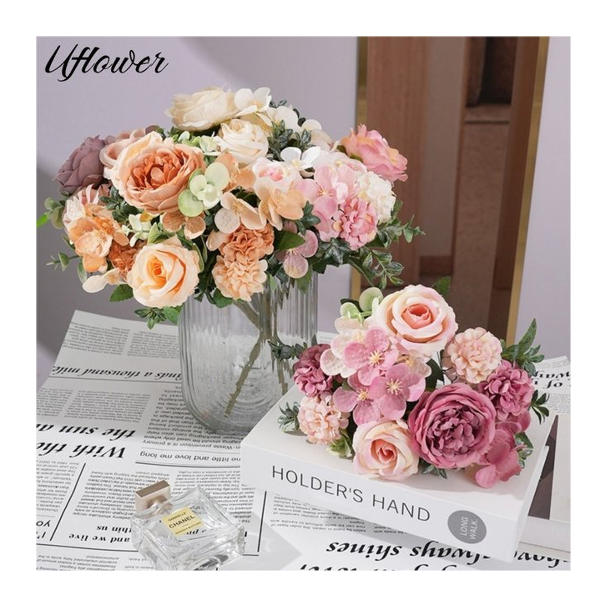 Uflower Künstlicher Blumenstrauß aus Seide mit 7 Köpfen in Rot und Mehrfarbig, Pfingstrosen, Rosen und Hortensien zur Dekoration für Hochzeit und Party - Bild 1