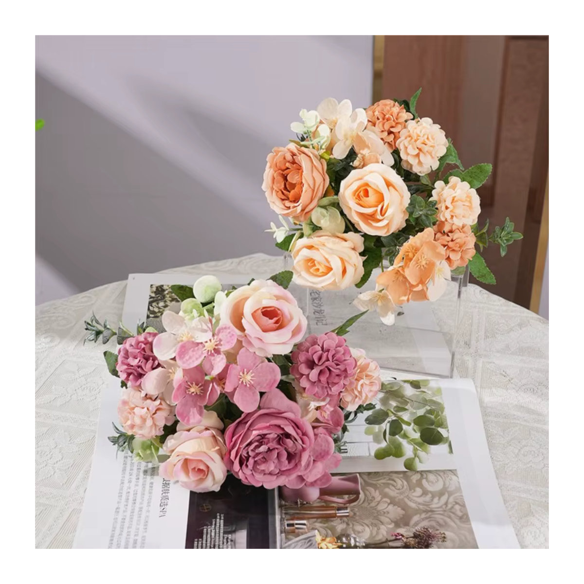 Uflower Künstlicher Blumenstrauß aus Seide mit 7 Köpfen in Rot und Mehrfarbig, Pfingstrosen, Rosen und Hortensien zur Dekoration für Hochzeit und Party - Bild 2