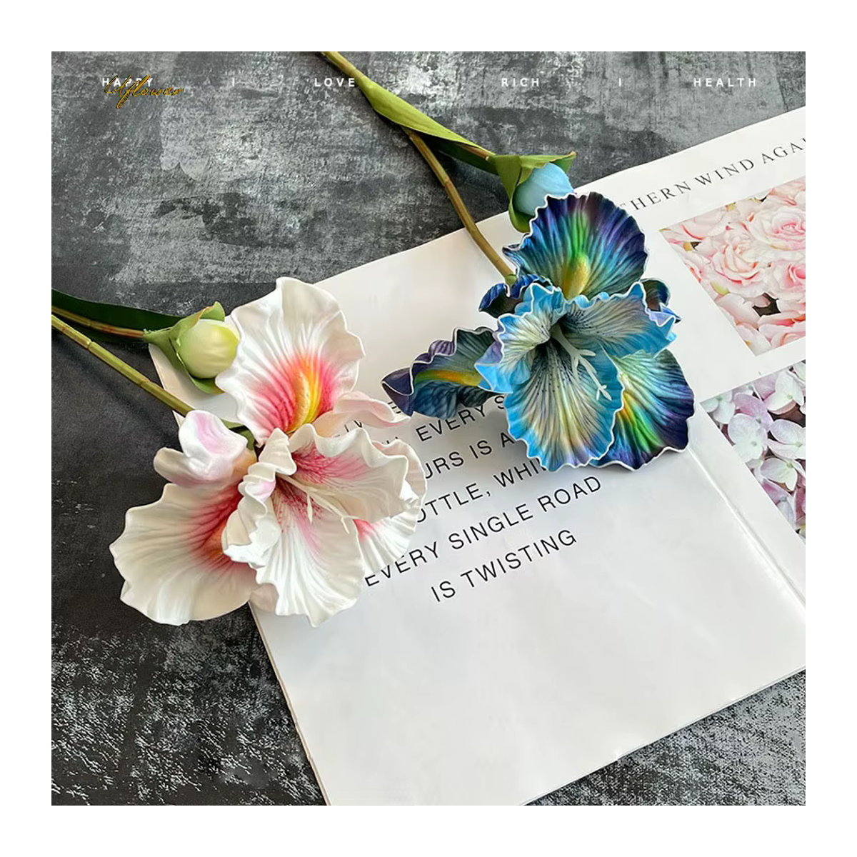 Uflower Künstlicher Rosenstrauß mit Kamelien und Iris in Rosa und Weiß, Höhe: 45 cm - Bild 3