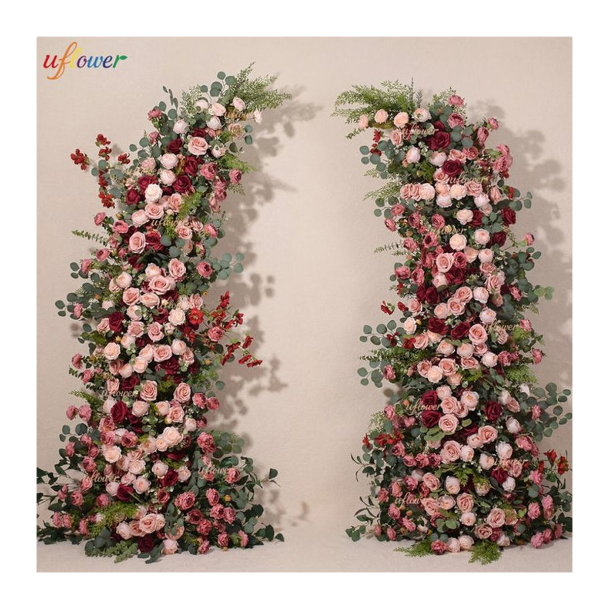 Uflower Künstliches Blumenarrangement mit Rosen und Pfingstrosen in Rot, Rosa und Grün für Hochzeitsdekoration und Event-Bühnen - Bild 1