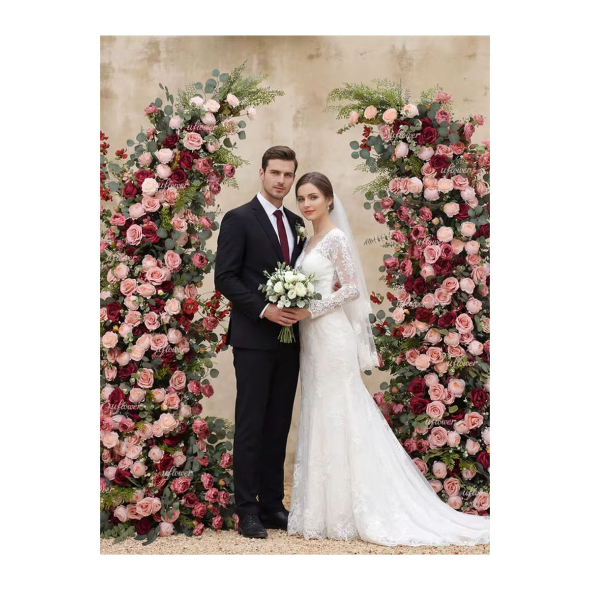 Uflower Künstliches Blumenarrangement mit Rosen und Pfingstrosen in Rot, Rosa und Grün für Hochzeitsdekoration und Event-Bühnen - Bild 6