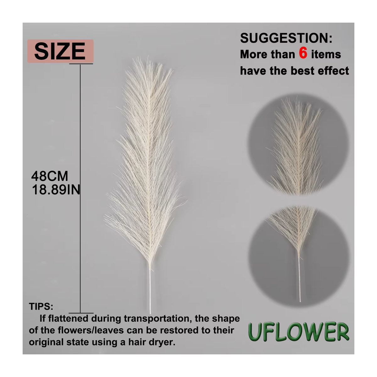 Uflower Künstliches Flauschiges Pampasgras in Boho-Stil für Dekoration, Höhe: 42 cm, Farben: Braun und Weiß - Bild 1