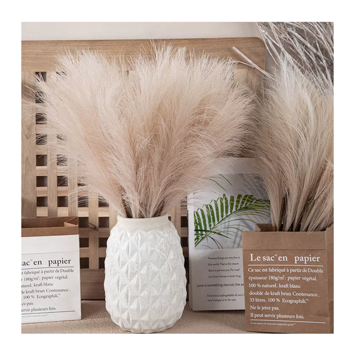 Uflower Künstliches Pampas Gras Beige Boho Deko Pflanze für Hochzeit und Zuhause Höhe: 42 cm - Bild 2