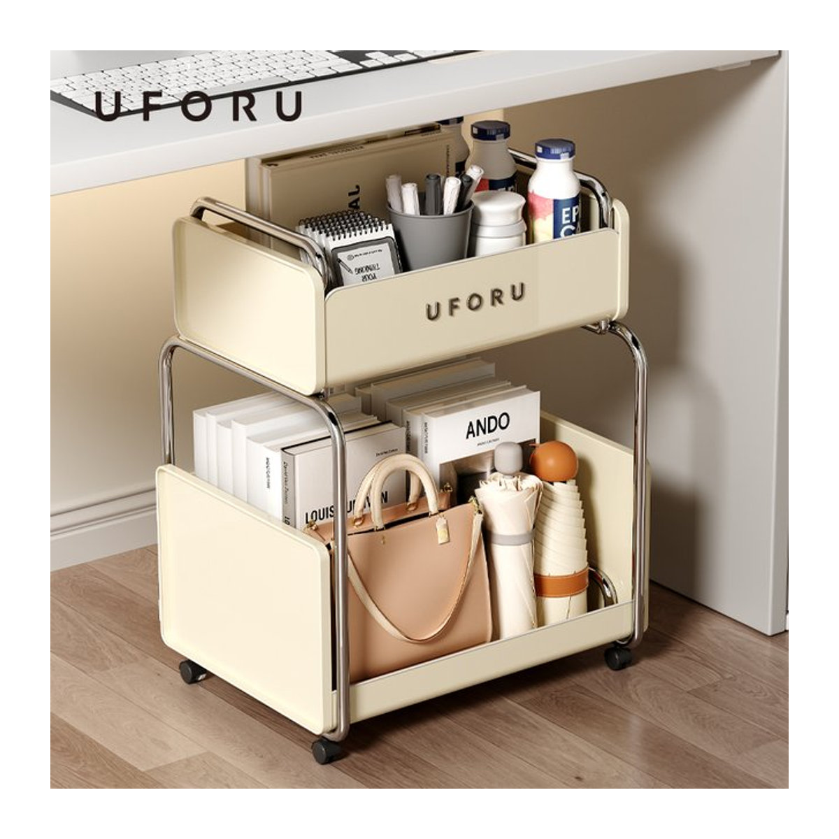 UFORU Aufbewahrungsregal unter dem Tisch, rollbarer Büro-Organizer aus Metall in Creme - Bild 1