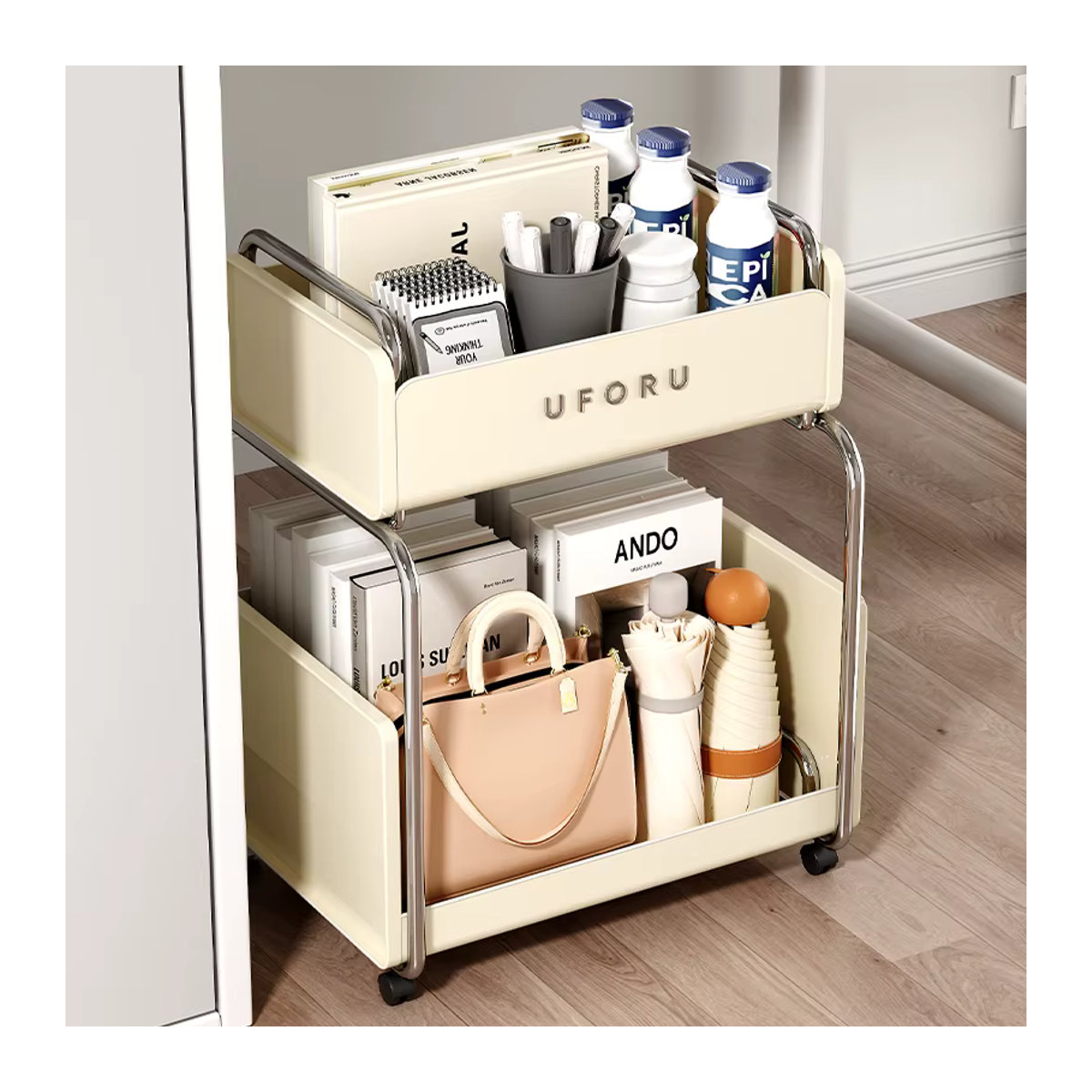 UFORU Aufbewahrungsregal unter dem Tisch, rollbarer Büro-Organizer aus Metall in Creme - Bild 3