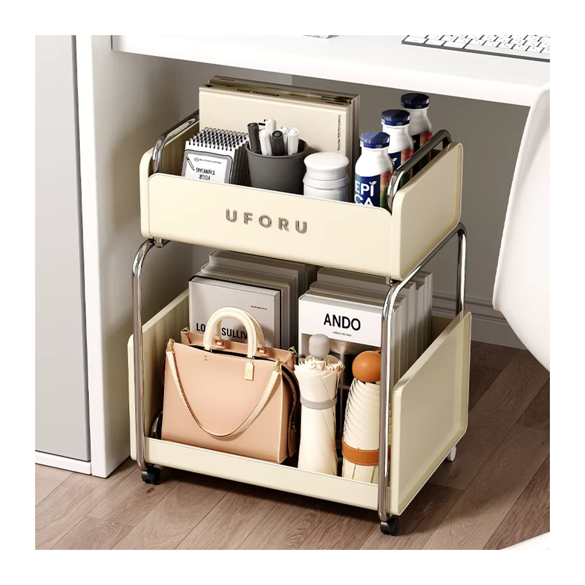 UFORU Aufbewahrungsregal unter dem Tisch, rollbarer Büro-Organizer aus Metall in Creme - Bild 4