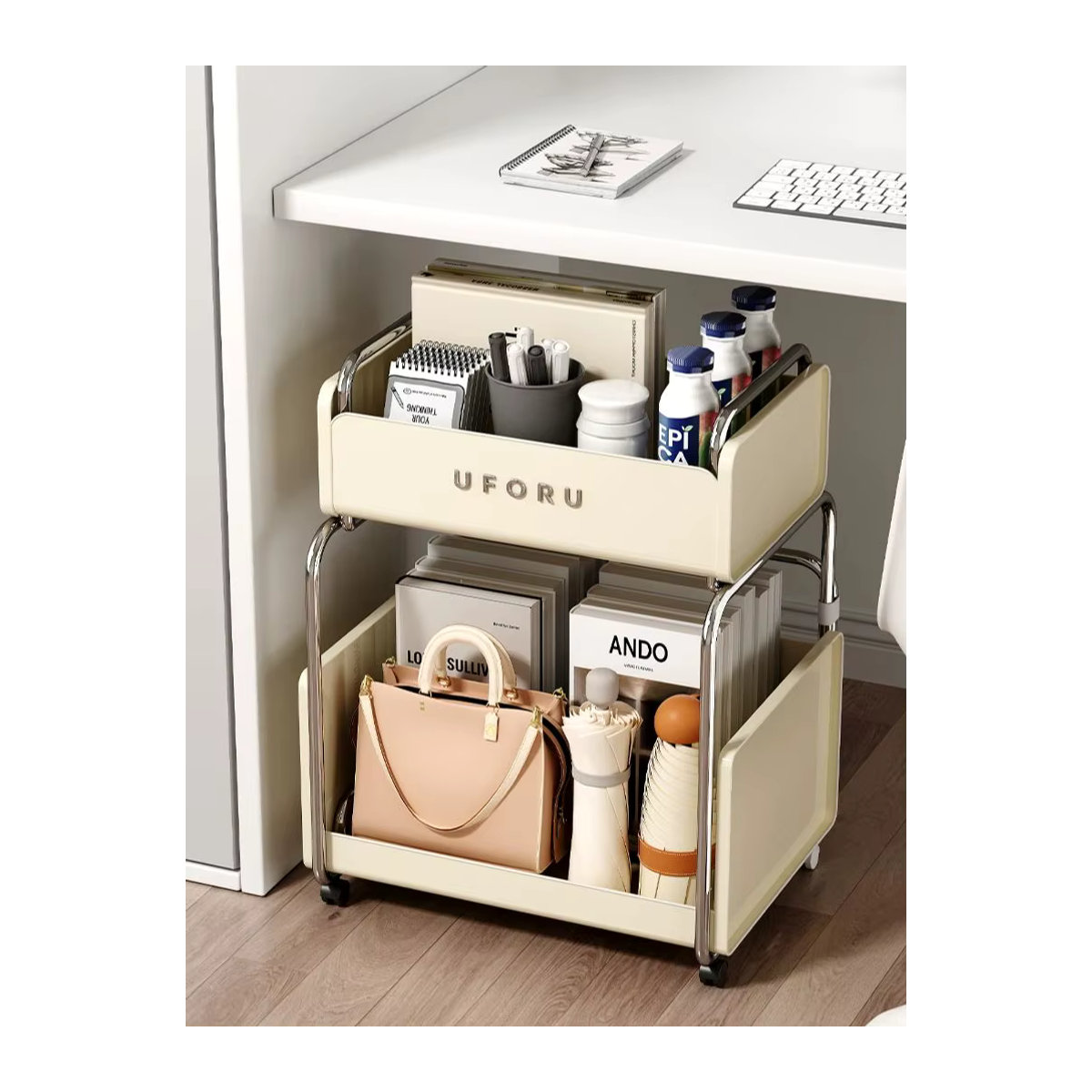 UFORU Aufbewahrungsregal unter dem Tisch, rollbarer Büro-Organizer aus Metall in Creme - Bild 6